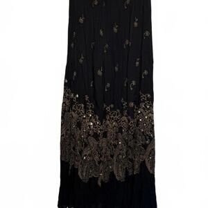 bohemian Indie Black long Maxi Skirt with Gold Embroidered Paisley Design